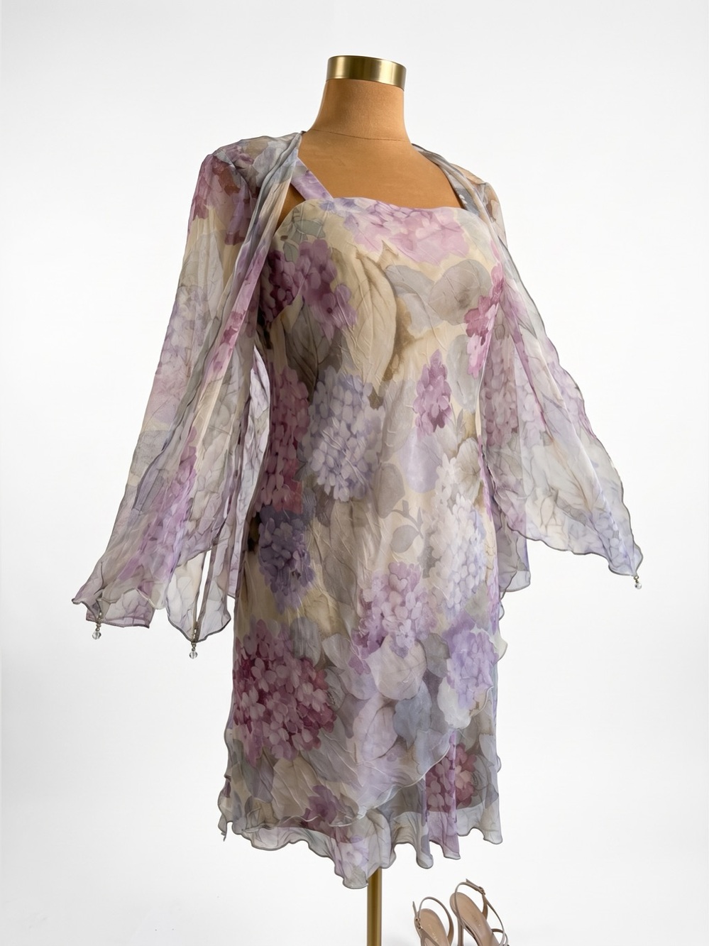 Vtg Ursula of Switzerland 2-Piece Watercolor Hydrangea Midi Dress - Picture 13 of 15